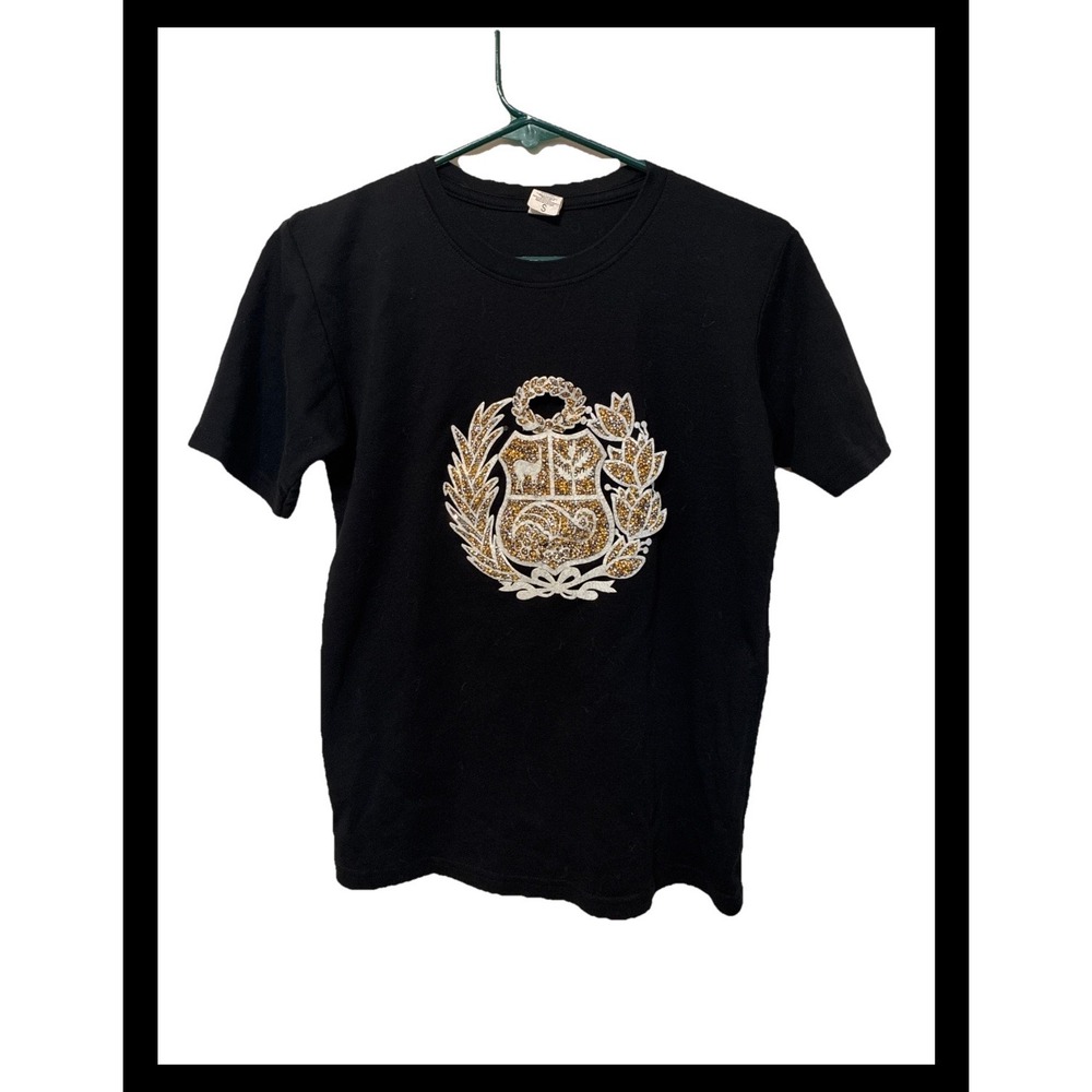 Peru Coat of Arms Graphic T-Shirt Mens Small Black Gold Glitter Crest Tee